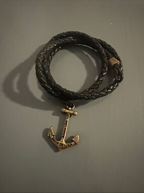 Kiel James Patrick Black Braided Leather Wrap Bracelet with Brass Anchor